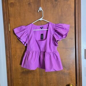 Express Womens Top Purple XSmall Ruffle Sleeve Peplum Square Neck Satiny NWT